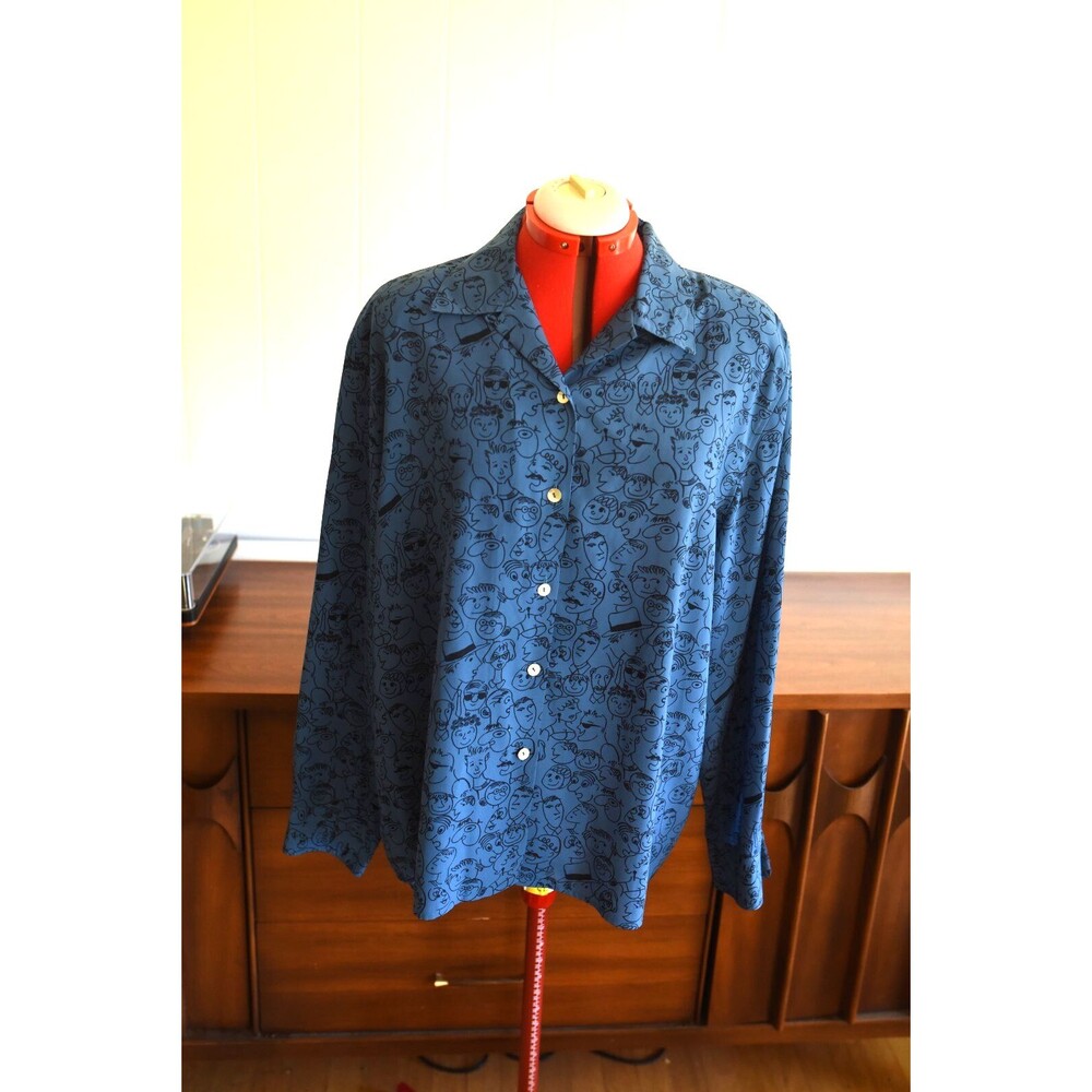Le Caviar Women's Vintage Blouse Size XL Faces BLUE funky Long Sleeves  Collar